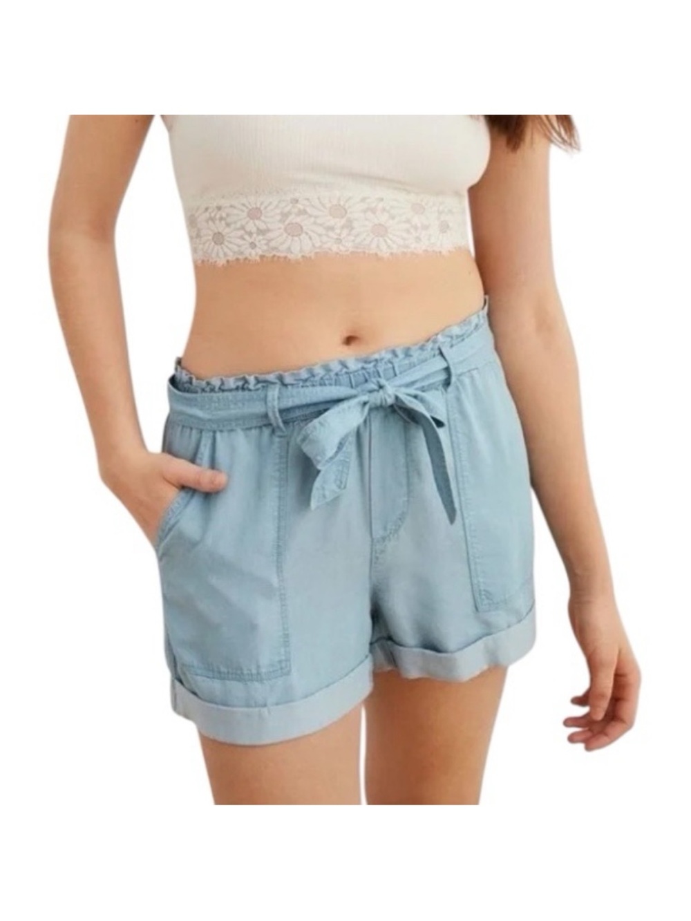 aerie Light Blue Paperbag Tie-Waist Shorts